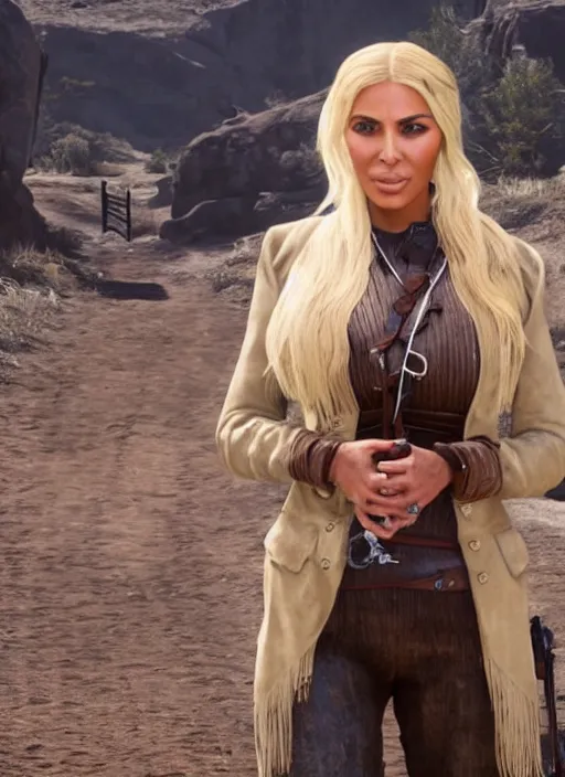 Image similar to film still of kim kardashian as Sadie Adler in rdr2.