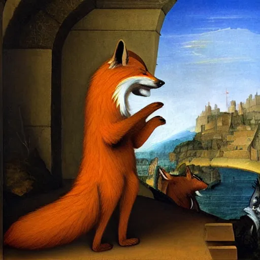 Prompt: an anthropomorphic furry Fox explores a Dungeon, Renaissance Painting