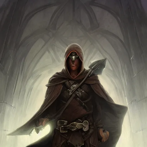 Image similar to mysterious male rogue wearing a cloak, covered face, holding a dagger. rpg game, stern expression, main character, detailed, digital painting, artstation, sharp focus, illustration, artgerm, tomasz alen kopera, peter mohrbacher, donato giancola, joseph christian leyendecker, wlop, frank frazetta