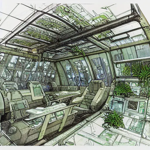 Image similar to annotated highly, detailed and intricate 4 5 degree isometric cross, cabin full of plants, marker concept art style rendering, concept art, half blueprint, trending on artstation, intricate details, john berkey, vincent di fate, ralph mcquarrie, center frame, annotations, metalic green, kelsey grammer sketch