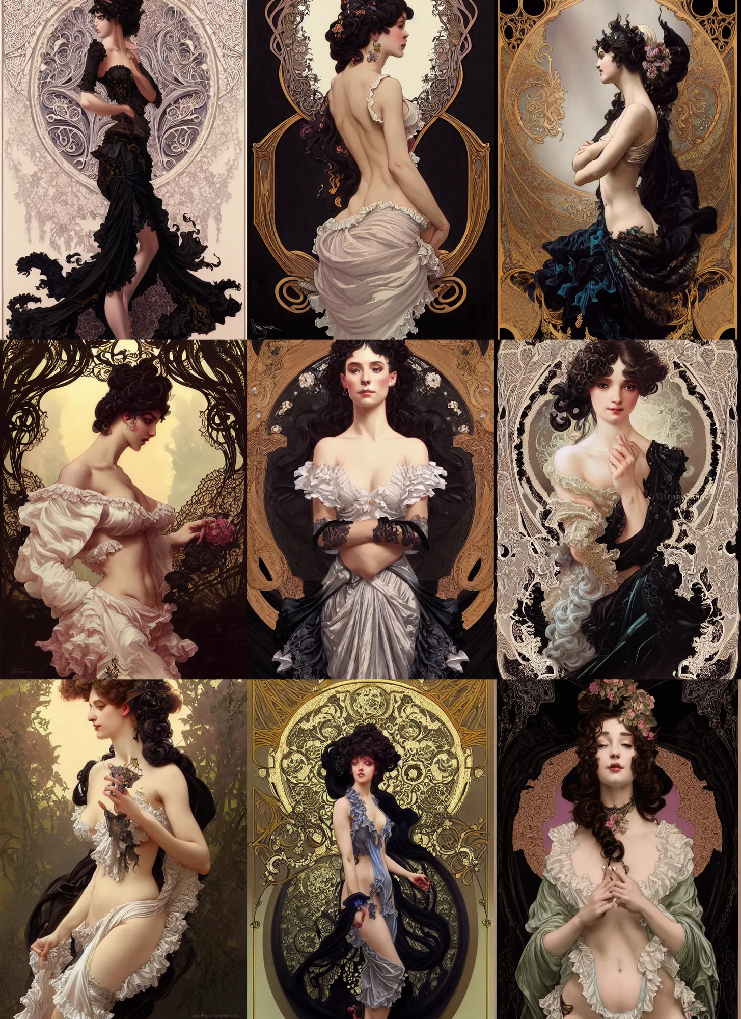 Prompt: rococo and art nouveau fusion backdrop, frilly black lace and iridescent diaphanous silk, fantasy, intricate, elegant, highly detailed, digital painting, artstation, concept art, matte, sharp focus, illustration, hearthstone, art by artgerm and greg rutkowski and alphonse mucha