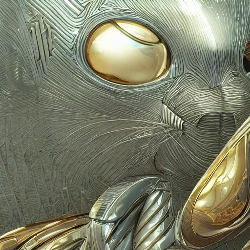 Image similar to gold and silver tones, cybernetic cat village, style of moebius, james jean, rutkowski, cinematic, high detail, award winning, 8 k photorealistic