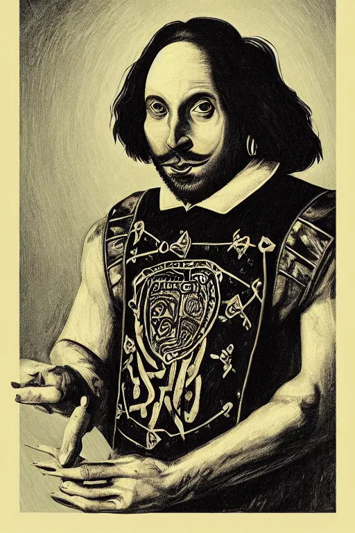 Image similar to Shakespeare portrait wearing trash metal band T Shirt Edward Hopper and James Gilleard, Zdzislaw Beksisnski, higly detailed