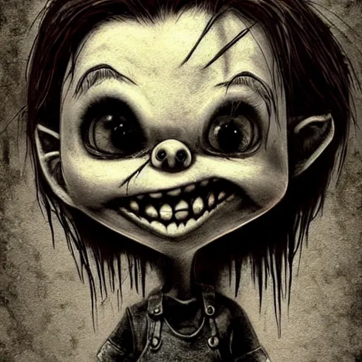 Image similar to grunge cartoon drawing of a cute chucky by - michael karcz , in the style of corpse bride, loony toons style, horror themed, detailed, elegant, intricate