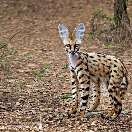 Image similar to photo of a serval whose torso is extremely long and thin and twisted into a coil, resembling a snake. it is in an oak forest. its tongue is a long forked snake - tongue. nature photography ; high - resolution.