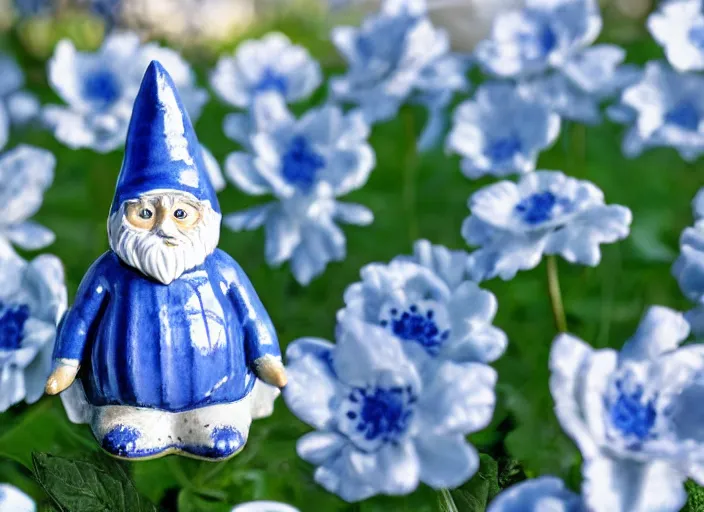 Prompt: a garden gnome made of blue and white fine china. intricate blue patterns. soft light. golden hour