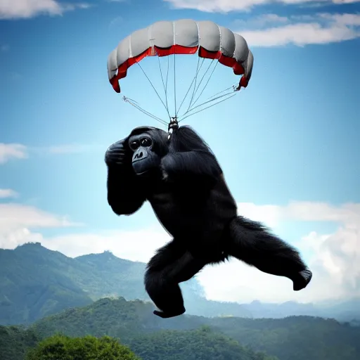 Prompt: high quality photo of a gorilla parachuting, realism, 8k, award winning photo