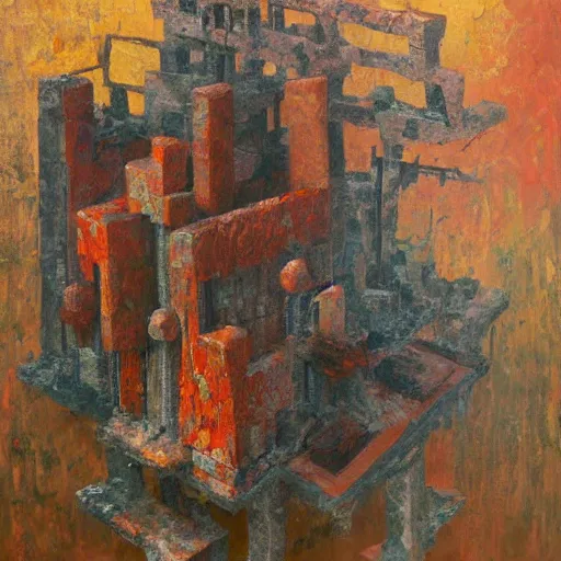 Image similar to an impasto maximalist painting by shaun tan of an abstract forgotten sculpture by the caretaker and ivan seal