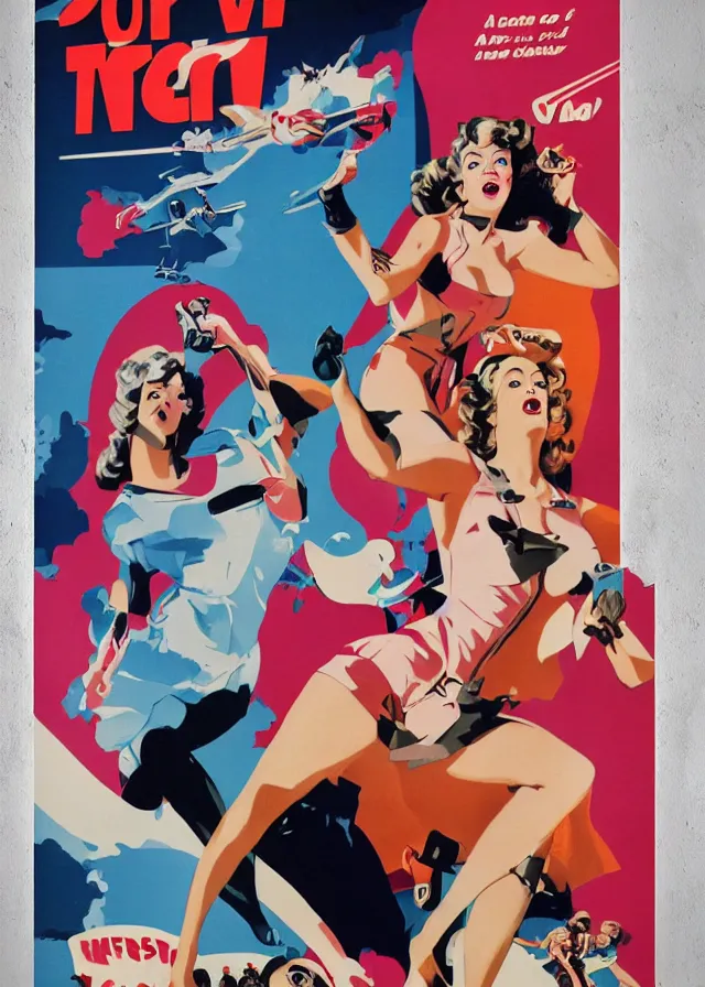 Prompt: a new attack of the 5 0 ft woman movie poster print, pin up, collage, canvas art print, minimalist art