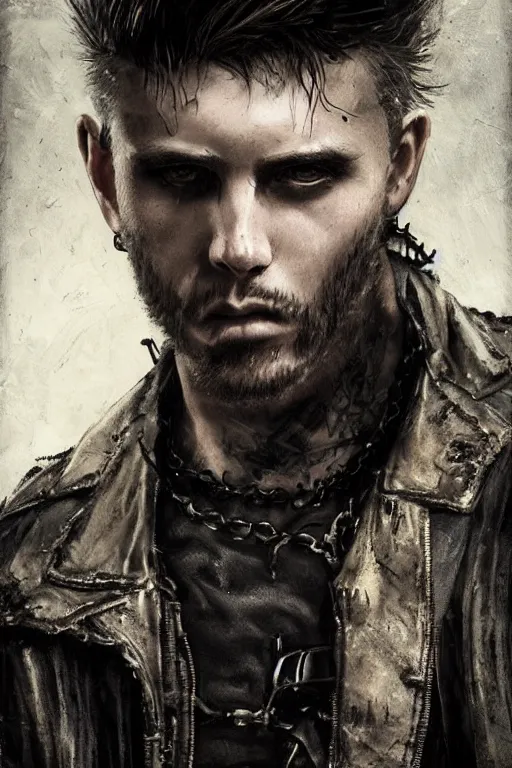 Image similar to a rugged looking young man, buzzed hair, gothic, tattered leather coat, intricate, elegant, dramatic lighting, handsome face, highly detailed, lifelike, photorealistic, digital painting, artstation, illustration, concept art, smooth, sharp focus, art by John Collier and Albert Aublet and Krenz Cushart and Artem Demura and Alphonse Mucha