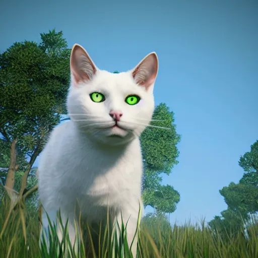 Image similar to a white cat with green eyes standing in a field, unreal engine, detailed