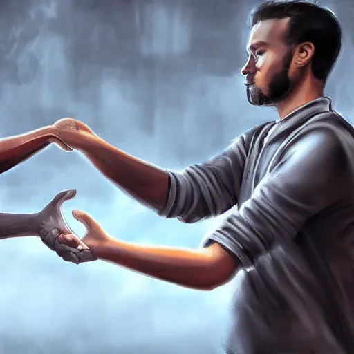 Prompt: the popular streamer moistcritikal offering a handshake, cinematic, gloomy background, realistic, digital art, character art, 8 k