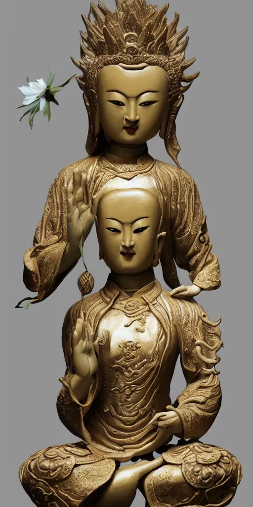 Prompt: a multi armed quan yin sculpture, standing in meditation holding a comically large lotus flower, digital art, artstation, concept art, beautiful porcelain statue,