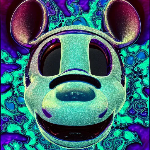 Image similar to counterfeit mickey mouse head, fractal, broken, LSD, wet, melting, fractured, mycelium, radiant alien, rococo, baroque, automotive, bio-mechanical, porcelain, iridescent, sub surface scattering, unreal engine, octane render