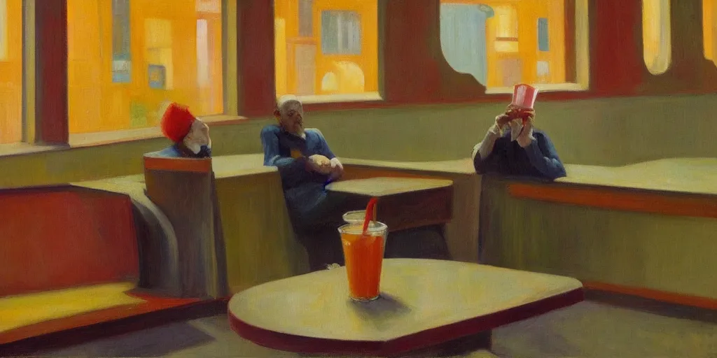 Image similar to a miserable clown, drinking a smoothie in an empty bar, oil painting by edward hopper