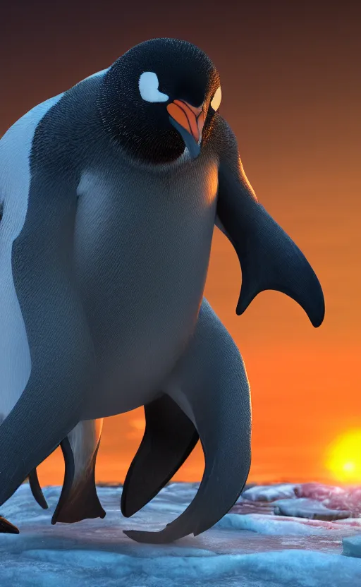 Image similar to lovecraftian penguin monster, humanoid penguin warrior, sinister, giant powerful penguin, muscles, HD render 4k, beautiful sunrise, icy background