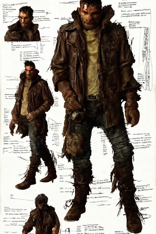 Image similar to character design, reference sheet, 40's adventurer, stained dirty clothing, leather bomber jacket, realistic, hyperdetailed, concept art, chiaroscuro, art Frank Frazetta