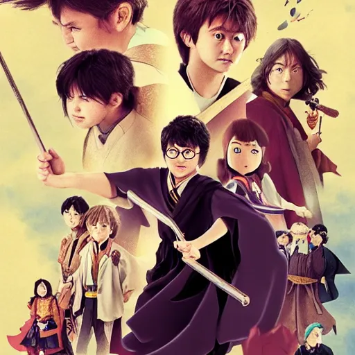 Image similar to poster for a film fantasy japanese animation called harry potter a new hope, 8 k, hd, dustin nguyen, akihiko yoshida, greg tocchini, greg rutkowski, cliff chiang