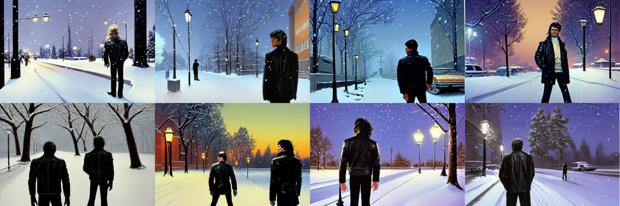 Prompt: beautiful snow - covered man from back standing on alley with street lamps in park with pines to the horizon, dressed in short leather jacket, snowfall at night, 1 9 8 0 s mullet haircut, black hairs, half - length portrait, perfect symmetrical eyes, cinematic by syd mead, painting, digital art, detailed, hyperrealism, igla movie shot