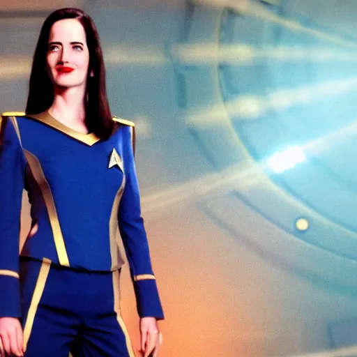 Image similar to a full body photograph of 3 0 year old eva green as a star fleet officer from star trek next generation, ultra rendered, extreme realism and detail, 8 k, completely framed, hyper realistic, direct lighting, 3 5 mm photo, photorealistic, sharp focus