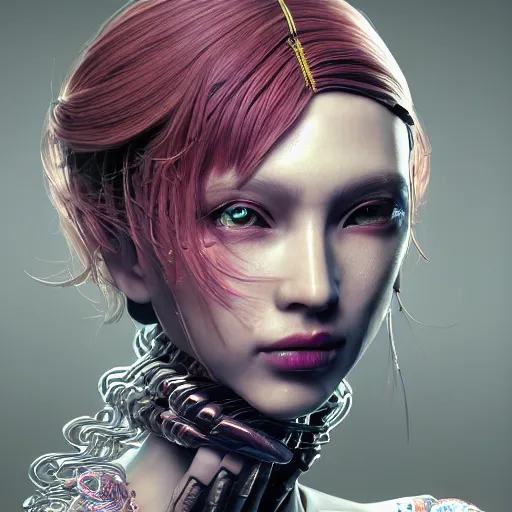 Image similar to the portrait of an absurdly beautiful, graceful, elegant, sophisticated, fashionable cyberpunk gravure idol, an ultrafine hyperdetailed illustration by kim jung gi, irakli nadar, hanna moon, intricate linework, bright colors, porcelain skin, unreal engine 5 highly rendered, cgsociety, global illumination, radiant light, detailed and intricate environment