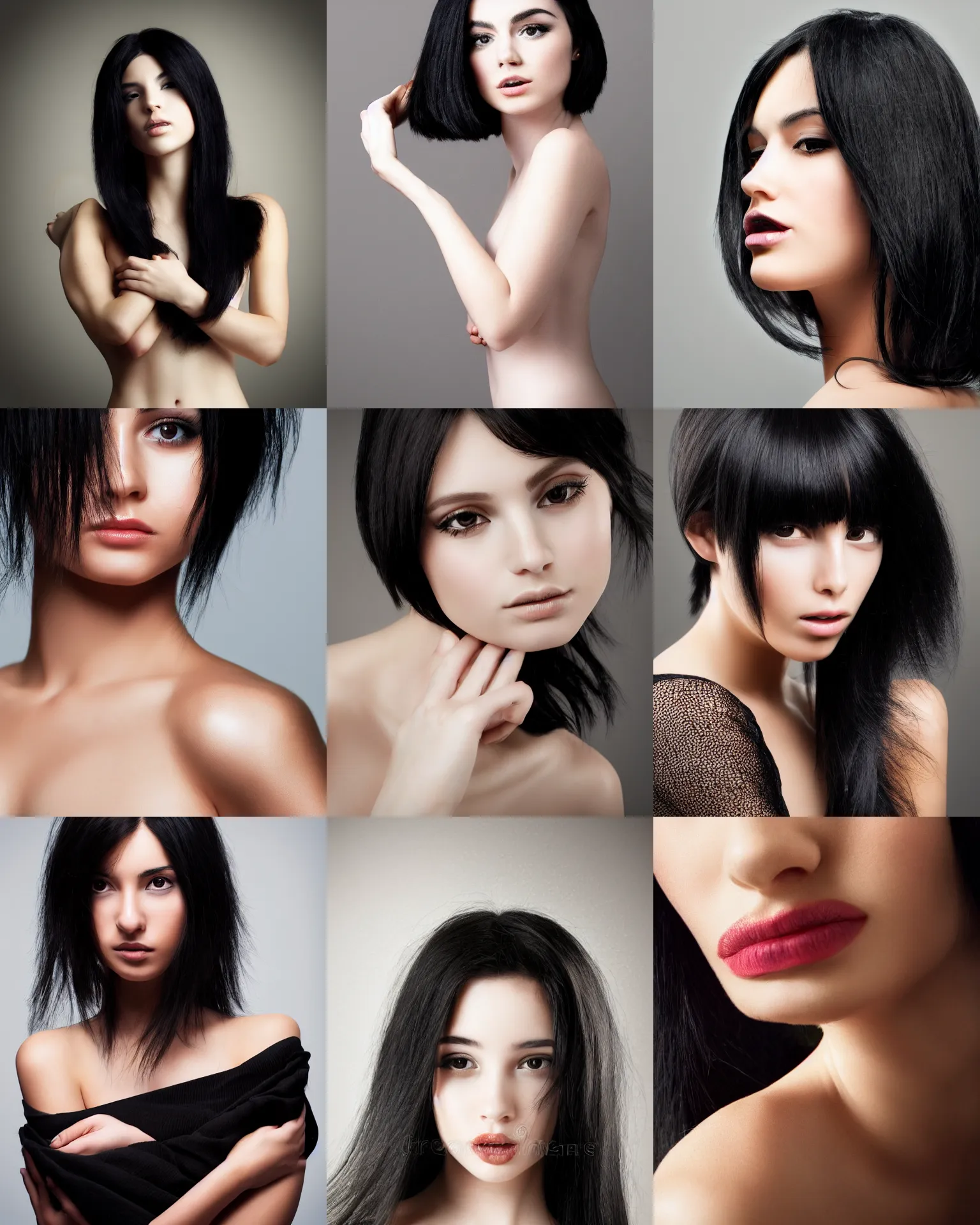 Prompt: black haired model beauty half body portrait sharp details soft light