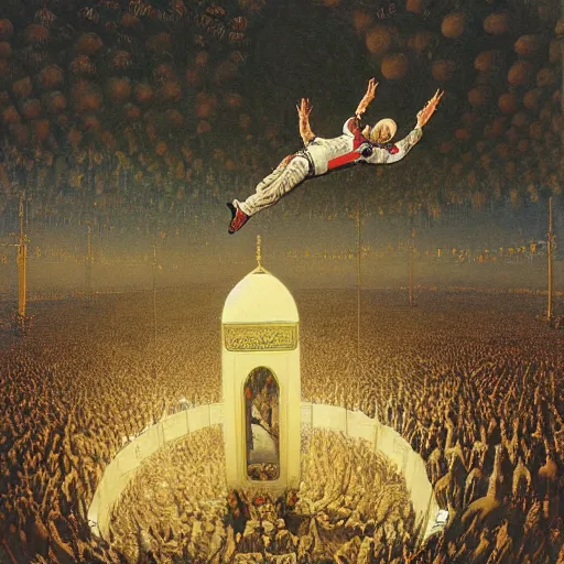 Prompt: benjamin netanyahu sky diving into mecca on hajj day, by gustave dore and norman rockwell