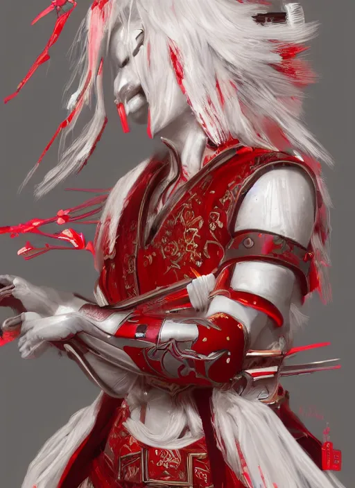 Image similar to albino maiko in a ornated armor war paint, fluent composition, red and white neon, concept art, ambient light, 4 k, intricate details, highly professionally detailed, cgsociety, highly detailed -