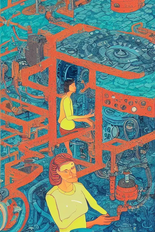 Image similar to portrait of an engineer woman fixing the samsara core cluster, fine portrait, concept art, in the style of brecht evens