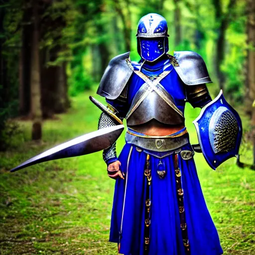 Image similar to photo of a real-life beautiful warrior with lapis lazuli armour