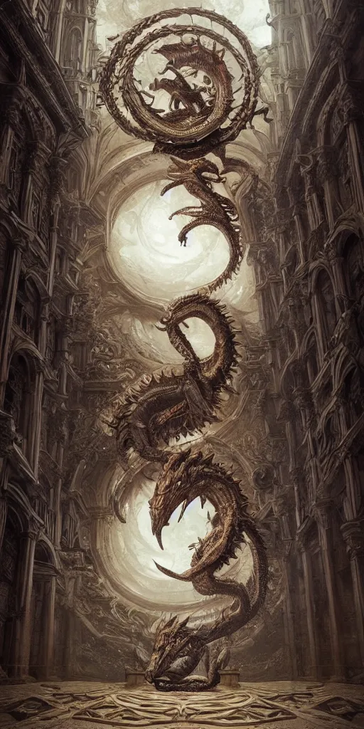 Image similar to enormous Ouroboros floating around inside an ancient mage castle hall colossal scale, gothic and baroque, brutalist architecture, ultradetailed, intricate details by Ellen Jewett and Ayami Kojima