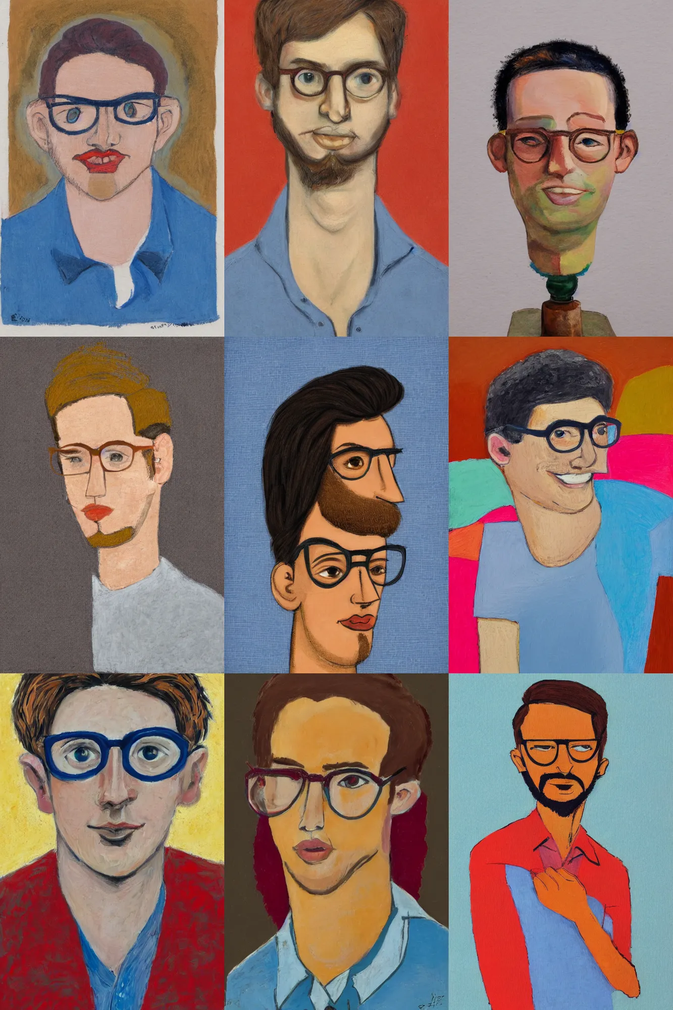 Prompt: A colorful, vivid, vibrant portrait en buste of a man in his twenties, soft round features, oval face, warm skin tone, narrow blue grey eyes, wearing round glasses, small ears, short length wavy dark blond hair, kind smile, bags under eyes, slight stubble, mole on cheek, wearing a textured ochre cotton dress shirt rolled at the elbows, fauvisme, art du XIXe siècle, figurative oil on canvas by André Derain, Albert Marquet, Auguste Herbin, Louis Valtat, Musée d'Orsay catalogue