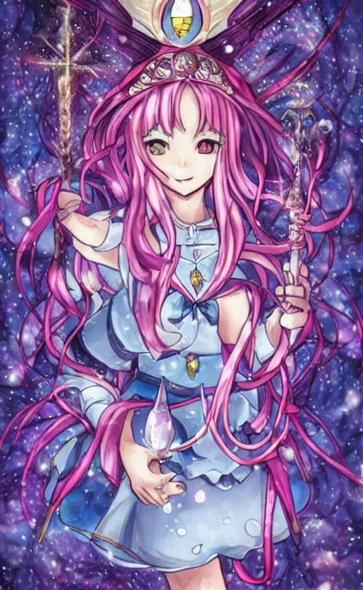Prompt: Magical girl casting a water type spell inside a castle of trump cards, madoka magica anime style, modern trading card art, symmetrical facial features, realistic anatomy