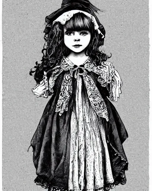 Image similar to little victorian girl, black ink on paper, trending on artstation, beautiful, intricate, detailed