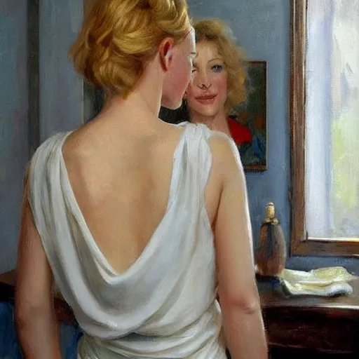 Image similar to cate blanchett in low-cut blouse in front of a mirror, painting by Vladimir Volegov