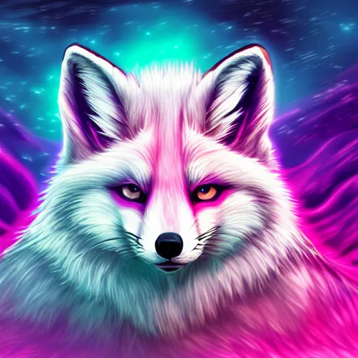 Prompt: digital purple and white fox, retrowave palette, digital world, highly detailed, electric breeze, anatomically correct vulpine, synth feel, fluffy face, ear floof, flowing fur, super realism, accurate animal imagery, 4 k digital art