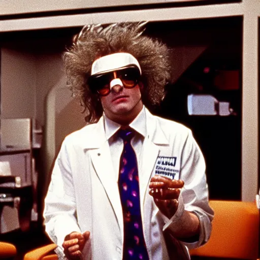 Prompt: A 1980s movie still of mad scientist supervillian