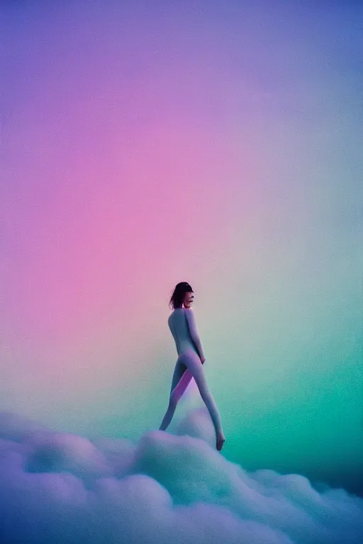 Image similar to high quality pastel coloured film close up wide angle photograph of a model wearing clothing swimming on cloud furniture in a icelandic black rock!! environment in a partially haze filled dreamstate world. three point light, rainbow. photographic production. art directed. pastel colours. volumetric clouds. pastel gradient overlay. waves glitch artefacts. extreme facial clarity. 8 k. filmic.