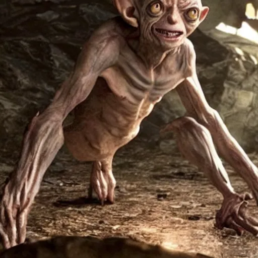 Image similar to gollum has giant chicken legs instead of his legs