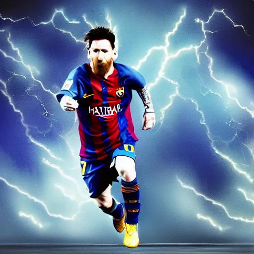 Image similar to lionel messi running extremely fast wrapped in blue lightning, 8 k