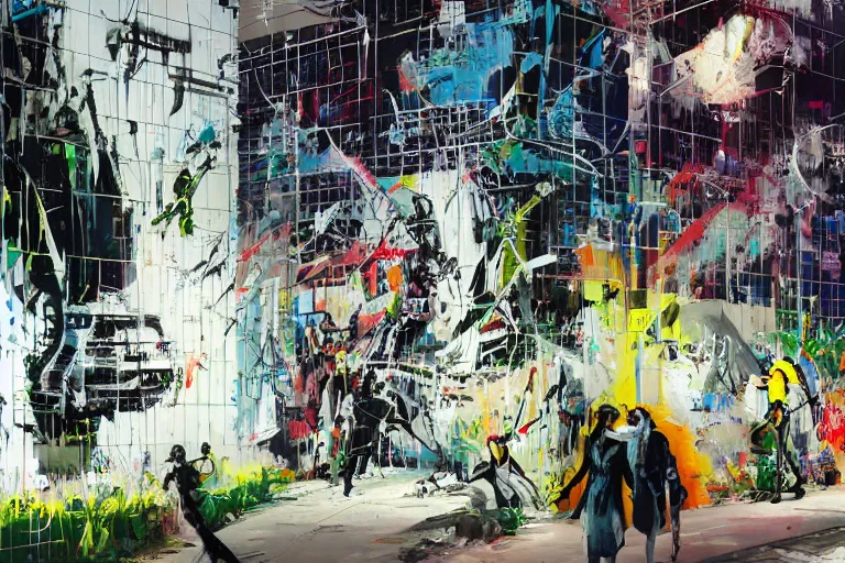 Prompt: a solarpunk white plastic wall by john berkey, covered in graphitti by banksy, basquiat, cleon peterson, dramatic cinematic lighting, manicured solarpunk greenery, high fashion futuristic people walk past