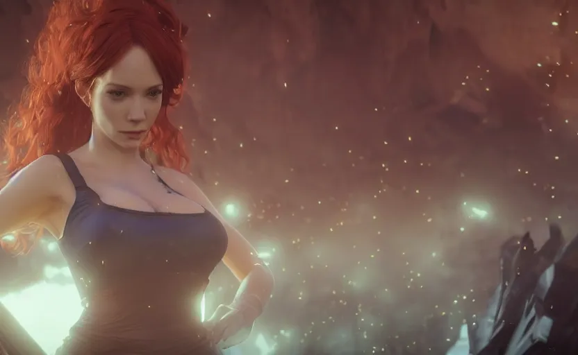 Prompt: a gaming screenshot portrait still of christina hendricks as scarlet in final fantasy, moebius, greg rutkowski, zabrocki, karlkka, jayison devadas, phuoc quan, trending on artstation, 8 k, ultra wide angle, video game graphics, blue technology sci - fi atmosphere realistic, 3 d game, zenith view, cyberpunk pincushion lens effect