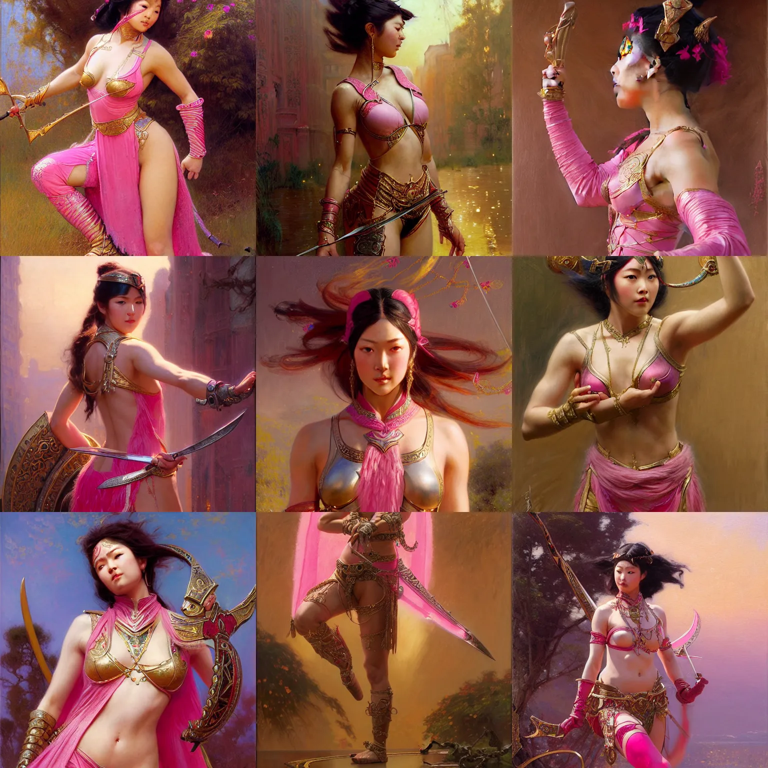 Prompt: irelia, the blade dancer, wearing pink bodysuit with metal ornaments, asian descent, highly detailed painting by gaston bussiere, craig mullins, j. c. leyendecker 8 k