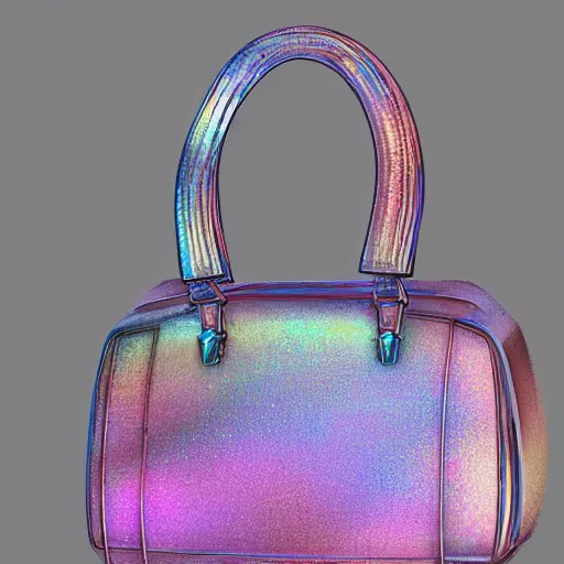 Prompt: a cristal designer bag, iridescent color, fashion shooting, photorealistic, fantasy, artstation, studio photo