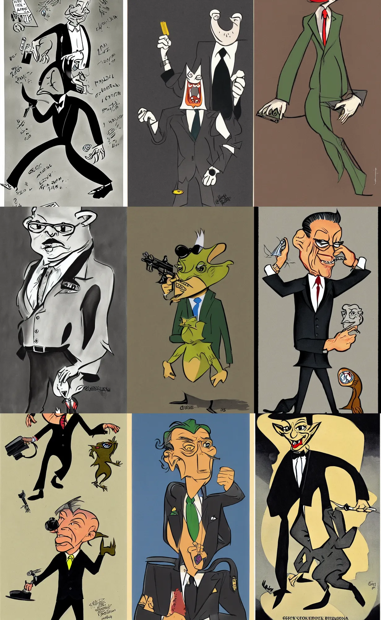 Prompt: Long shot full body portrait of secret service Gremlin business man illustrated by Chuck Jones