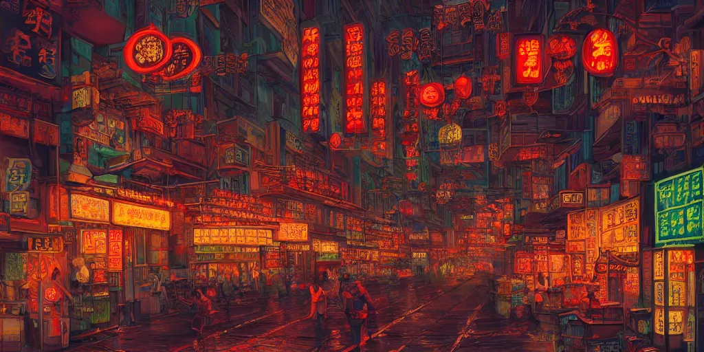 Image similar to old chinatown that never sleeps, neon lights, mythology, fairy tale, urban landscape, evening, highly detailed, low angle view, artstation, in the style of aetherpunk