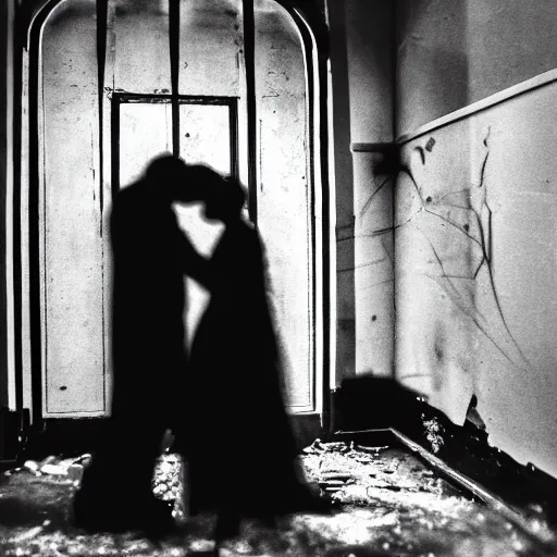 Prompt: a dark photo of two shadowy figures hugging each other in a birdcage in an abandoned hall, paint is falling off, black and white, 5 0 mm