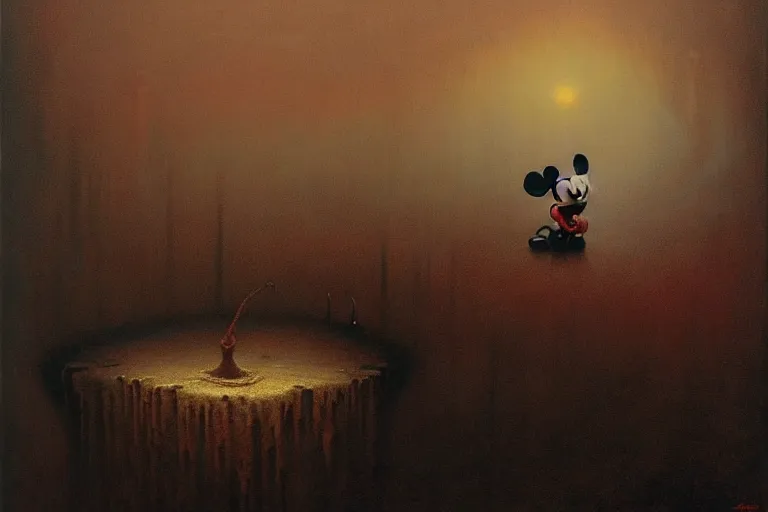 Prompt: painting of life of mickey mouse, by zdzislaw beksinski, by dariusz zawadzki, by wayne barlowe, gothic, surrealism, cosmic horror, lovecraftian, cold hue's, warm tone gradient background, concept art, beautiful composition