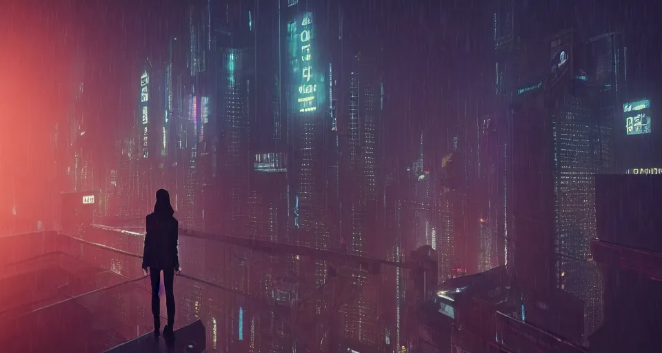 Image similar to woman standing on a rooftop in a cyberpunk city, blade runner, nighttime, rain, intricate artwork by tooth wu and wlop and beeple, octane render, hyper realism, 8 k