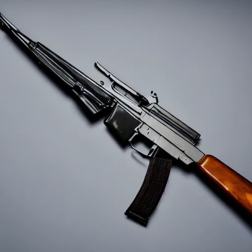 Image similar to A medium shot photograph of an AK-47 against a white background, 4k, ultra HD